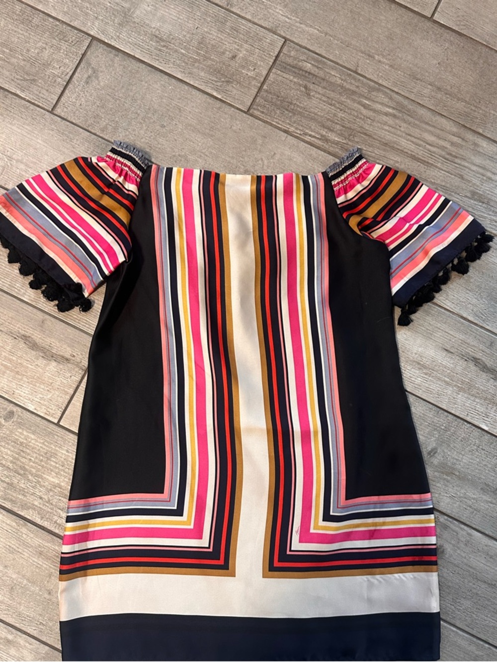 Trina Turk Striped Tassel Sleeve Blouse Top Size Large Colorful Resort Style